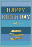 The image shows an elegant birthday card that marries tranquil blue tones with sophisticated gold detailing, creating an atmosphere of gentle, heartfelt celebration. The card's background consists of generous horizontal stripes that transition from deep navy through rich ocean blue, teal, and soft sky blue, each band slightly different, as though layered brushstrokes have been carefully blended. Centered across these shifting hues, the words HAPPY BIRTHDAY appear in large, embossed gold capitals. The metallic lettering is smooth and gently reflective, catching light with a soft glimmer rather than a harsh sparkle, and the raised texture invites touch. Just underneath, a graceful gold flourish stretches across the card like an ornate underline, balancing the boldness of the main greeting with a hint of classic decoration. Below this flourish, three gold banners are aligned in a tidy vertical stack, each one carrying part of the warm message: Relax, have a great day and enjoy! The banners resemble small ribbons, slightly raised from the surface and framed by the matte, velvety card. A slim gold border outlines the entire design, lending structure and a sense of completeness, almost as if the card were a small framed artwork. The blues feel cool and restful, calling to mind open skies over Harpenden and the calm of quiet residential streets, while the gold details convey warmth and celebration. This card would sit beautifully beside a birthday bouquet delivered locally, its serene colours and thoughtful message encouraging the recipient to pause, breathe, and truly enjoy their day.